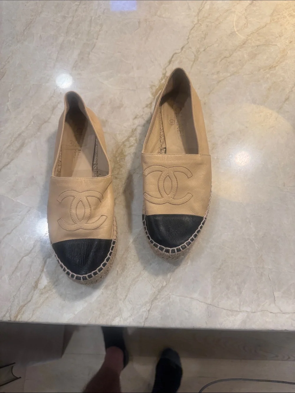 CHANEL Beige and Black Leather Espadrilles
